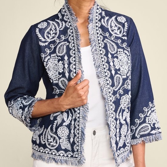 Soft Surroundings Mesaria Jacket Embroidered Dark‎ Denim Open Front Large 2GN81 - Picture 2 of 13